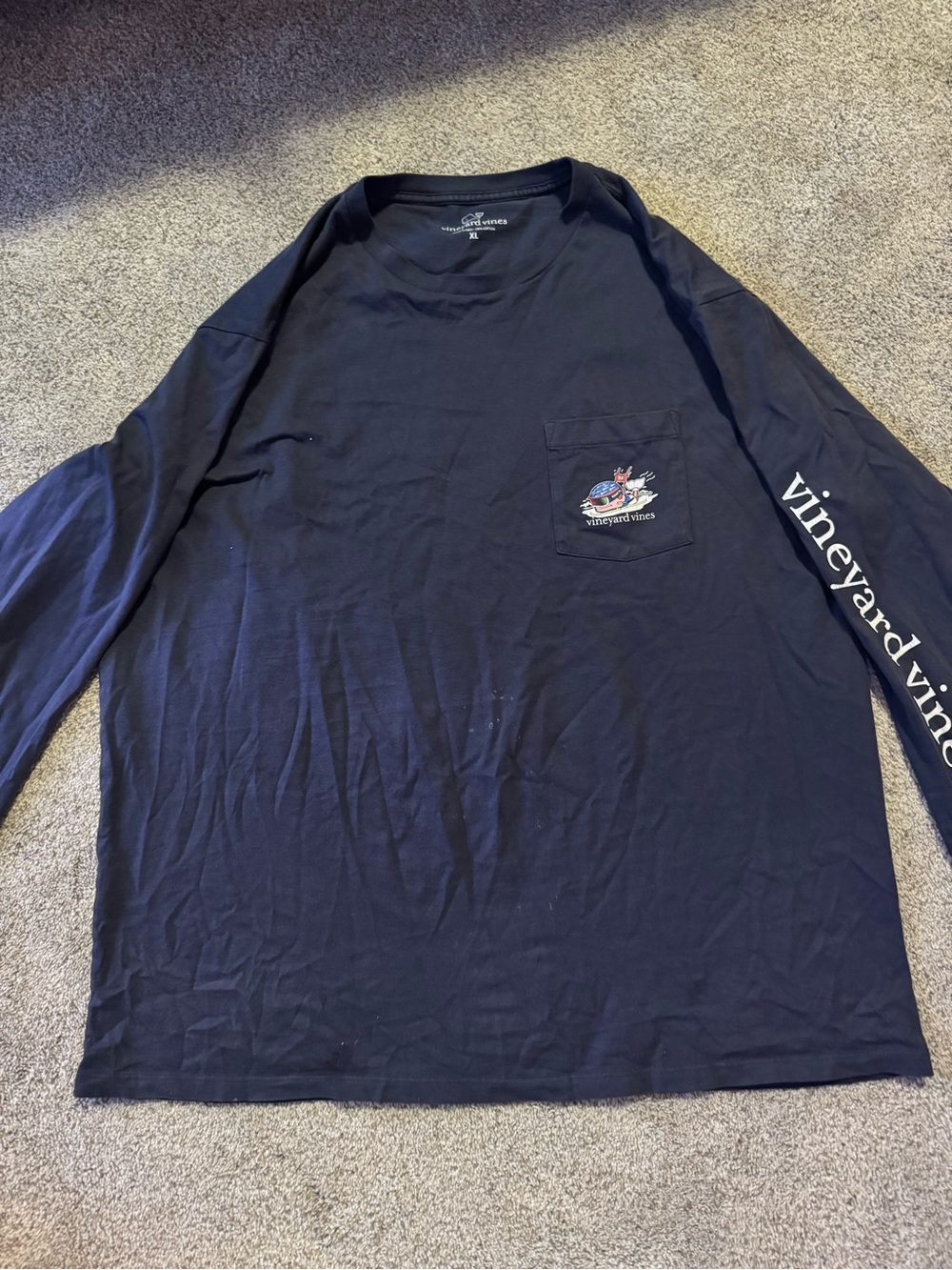 Vineyard Vines Navy Long-Sleeve Pocket Tee with Sleeve Logo